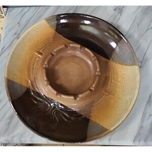 Mid Century Pottery Craft Stoneware Large Round Ashtray USA 10" Maxwell Brown